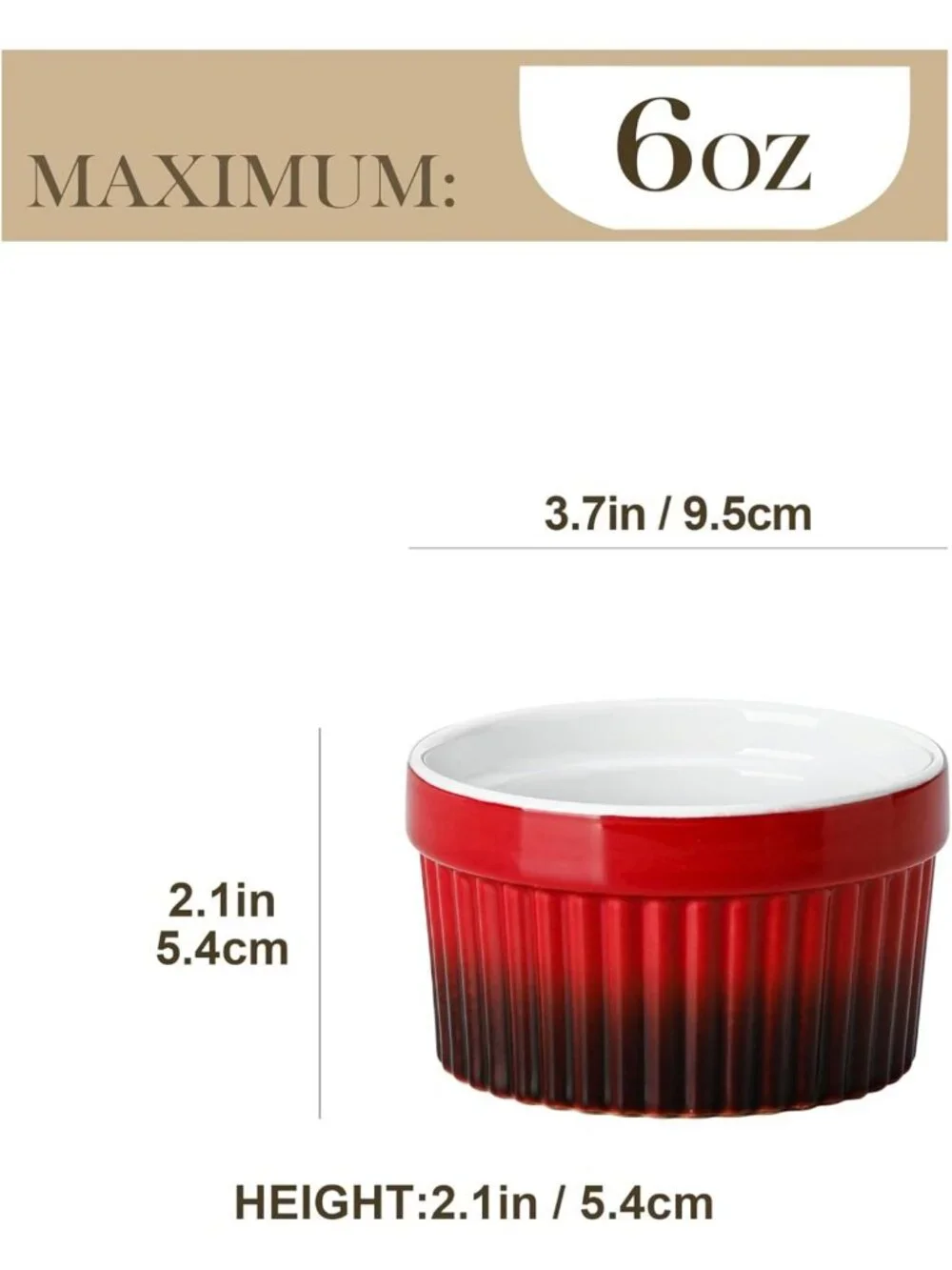 Set of 6 Oven Safe Ceramic Ramekins - Red Soufflé Dishes for Baking, Dipping